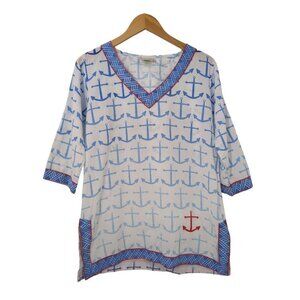 EcoAccents Tunic Top Cover Up‎ Womens Medium Nautical Anchor Print 3/4 Sleeve